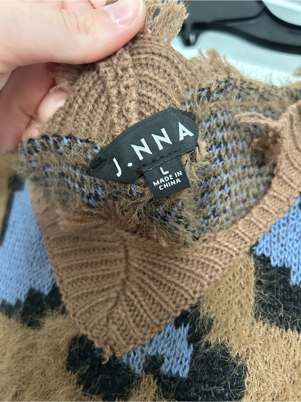 Distressed Leopard V-Neck Sweater in Brown & Blue